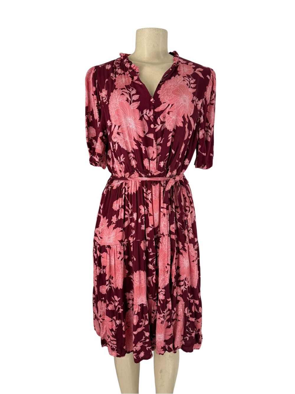 DRAPER JAMES Floral Pink and Burgundy Wrap-Style Women's Dress Size Large - Picture 2 of 6